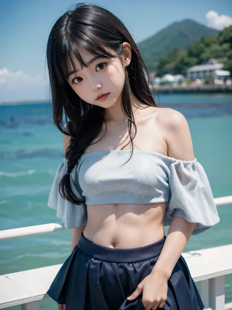 Japanese elementary school girl, , baby face, child, hands behind back, off-shoulder, belly button exposed, mini skirt, seaside promenade