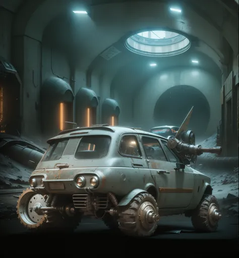 there is a HOVER PICK UP car with a large engine driving through a tunnel, sci-fi FLYING car, cyberpunk garage on jupiter, cyber steampunk 8 k 3 d, rolands zilvinskis 3d render art, 3d rendered steampunk, in the art style of filip hodas, stuning fantasy 3 ...