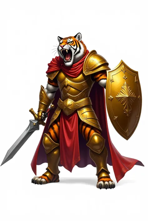 anthropomorfic stocky tiger wearing a fully golden armor, golden boots and brackets and red cloak, holding an epic shield and sword. Screaming. Whtite background.