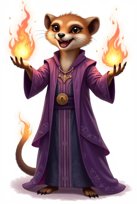 meerkat casting fireballs, evil smile, wearing a purple long intricate robes with filegree pattern. white background