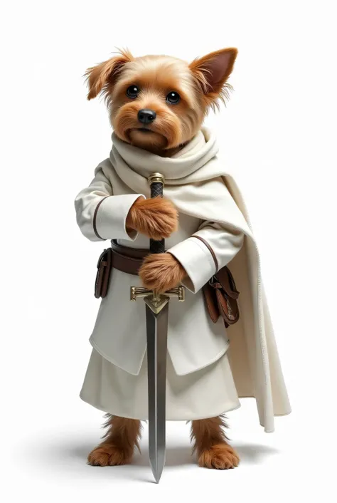 An small stature swordsman yorkshire dog. With white entirely intricate outfit. White background