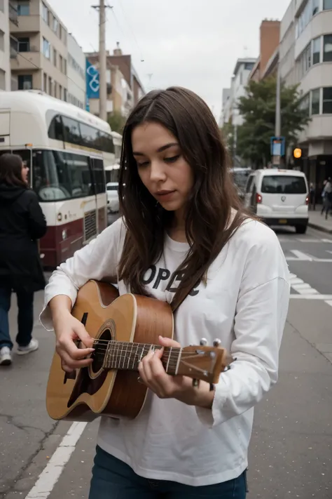 street artist girl playing guitar on the street with buses passing around