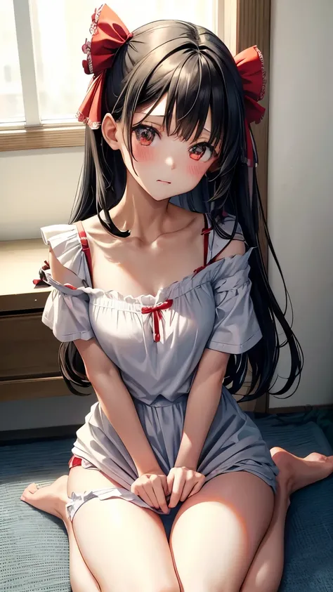 short, He has thick black hair on his face.、Cute frilly red t-shirt、Cute white underwear with skirt lift ribbon、barefoot、By tank