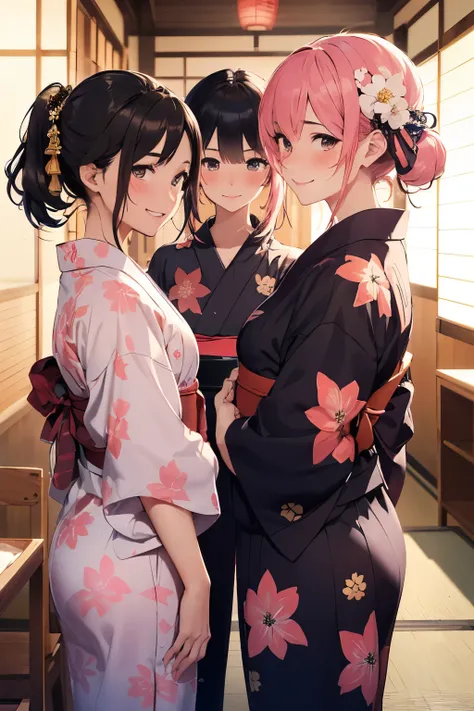 ((Best Quality)), ((masterpiece)), (detailed), ((three beautiful adult females)), black eyes, golden hair, black hair, pink hair, (different hair length), ((different body size)), ((Wearing a yukata)), front view, traditional Japanese inn, in room,, embarr...