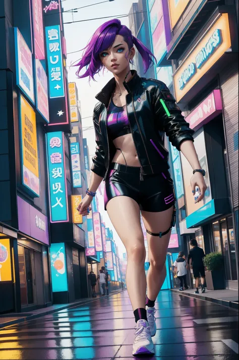 solo, human, cyberpunk, civilian clothes, cyberpunk clothes, blue neon, purple neon, night street,  detailed face, detailed eyes, dirty cyberpunk clothes, white shoes,smaller arms (full body,), cyberpunk, valorant, masterpiece, high quality,hi res,8k hd), ...