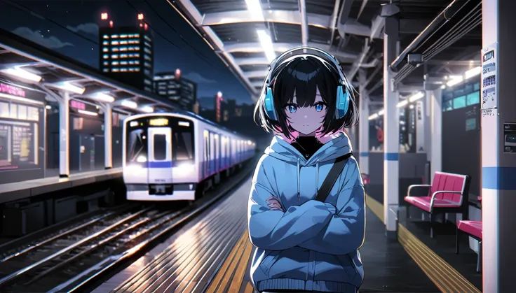 Scene of standing on the station platform. Night station platform、Has a mysterious atmosphere、It will be a stylish background that matches the rhythm and beat of EDM.。