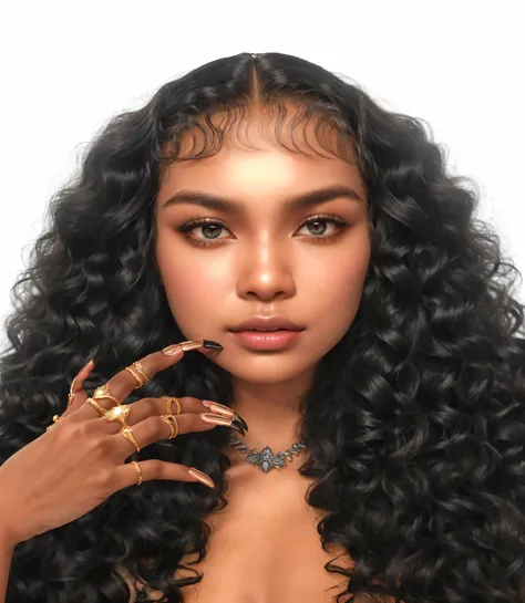 a close up of a brown skin woman with curly hair and rings, perfect hands, long nails, gold rings  with silver vivienne westwood necklace, nicki minaj, doeful eyes, realistic hands, high quality perfect hands, detailed curly black hair, detailed realistic ...