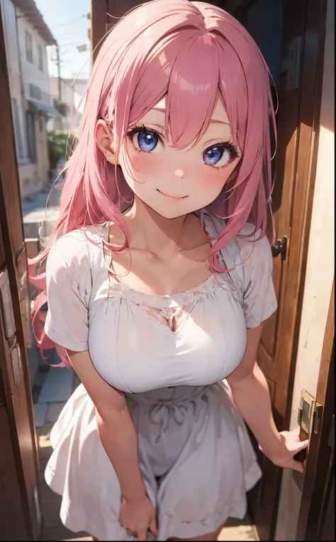 Masterpiece, best quality, super detailed, illustration, beautiful detailed eyes, close up, 1 girl, pink hair, white dress, villa doorway, standing position, face down, blushing, sexy, alluring smile, sexy smile,