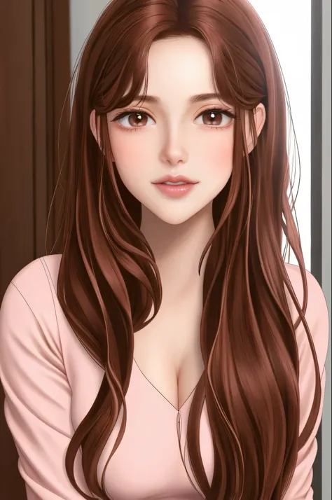 Girl, long brown hair, brown eyes, sharp features, white skin, pink lips, perfect, simple style.