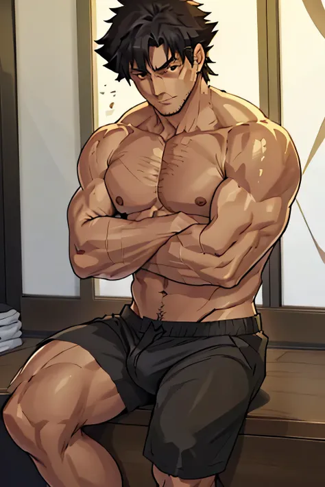 kiritsugu is sitting and flexing his bicep. he is shirtless. he wears black short boxershorts. you can see his thighs completely...