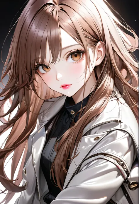 girl, long brown hair, brown eyes, sharp features, White skin, Shiny pink lips, good looking, Perfection, Jacket.