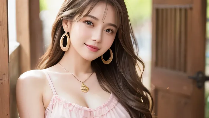 Highest quality、High resolution、8K wallpaper、Dense and beautiful eyedium hair、(Beautiful breasts:1.3)、Natural color lip、2 woman、Brown Hair、smile、Semi-long hair、Hair tied up、Wearing a necklace and earrings、Light pink frilly clothes、Sounds fun!、Cafe