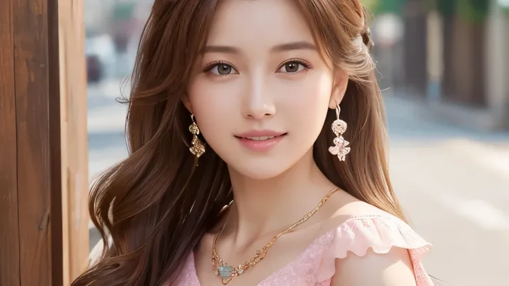 Highest quality、High resolution、8K wallpaper、Dense and beautiful eyedium hair、(Beautiful breasts:1.3)、Natural color lip、2 woman、Brown Hair、smile、Semi-long hair、Hair tied up、Wearing a necklace and earrings、Light pink frilly clothes、Sounds fun!、Cafe