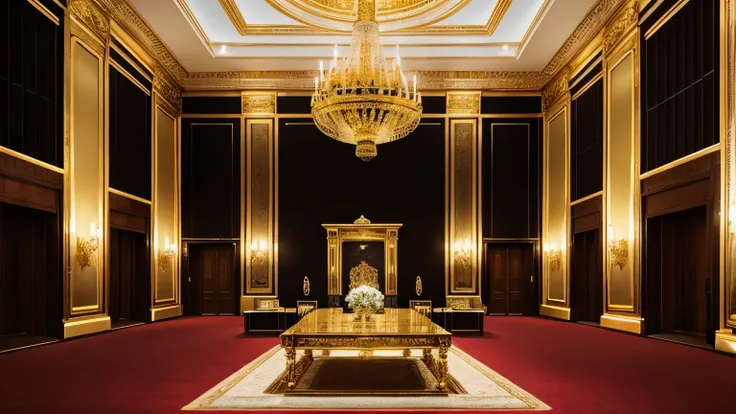 Royal king house empty big gathering room with golden pillers. without tables and