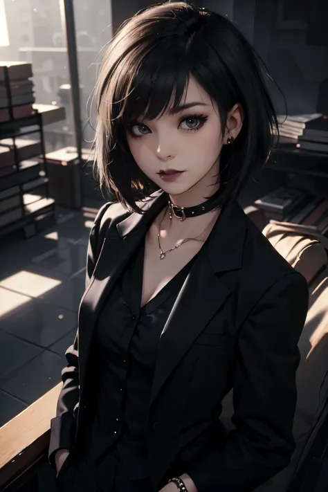 Girl, woman, emo_hairstyle, black lipstick, collar, eyeliner, eye shadow, smoky eyes, realistic lighting, short hair, standing up, rich girl, bourgeois, billionaire, fancy, business suit.