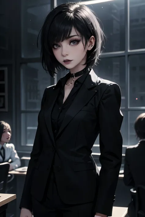 Girl, woman, emo_hairstyle, black lipstick, collar, eyeliner, eye shadow, smoky eyes, realistic lighting, short hair, standing up, rich girl, bourgeois, billionaire, fancy, business suit.