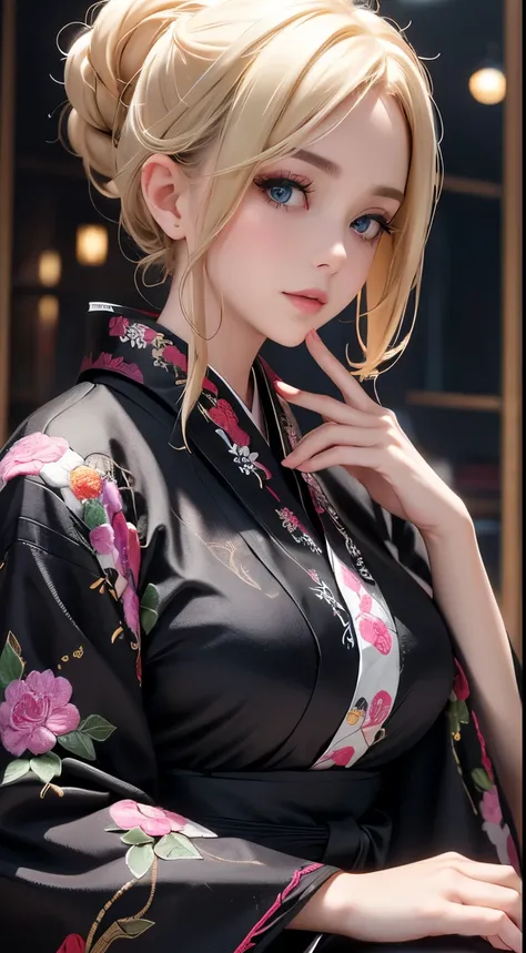 face forward, A beautiful woman, Light blonde hair, soft loose curls, black gloves, Elaborate Costumes(High-end kimono(Black kimono(Detailed embroidery))), black lace gloves,  Light blonde hair, soft loose curls, elegant and mysterious atmosphere, indoor s...