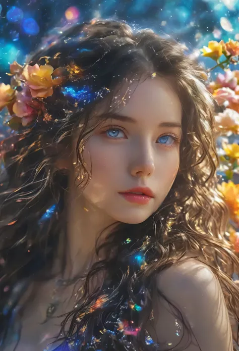 Dark, flowing hair, beautiful woman, blue eyes, double exposure image, rainbow hues, (Equipment attached to the body: 1.2), Gold Plate, blue eyes, sapphire, liquid metal, Night Sky, dragon scales , fire and ice, angled look, defocused flowers background, c...