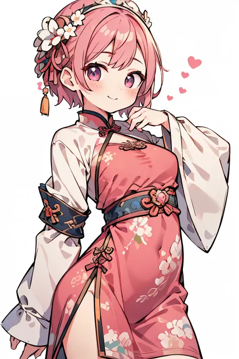 High resolution, masterpiece, Anatomically correct, Best Quality, One girl, smile、Blushing、Short Hair、Large, wide eyes、Smaller breasts、Small breasts、Pink Hair,Choker、Heart symbol、Shooting from behind、back、Simple Background、Chinese dress