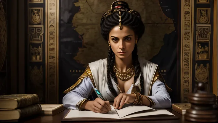 paint a portrait of zenobia in her private chambers, surrounded by maps and scrolls as she studies the strategies of her roman a...