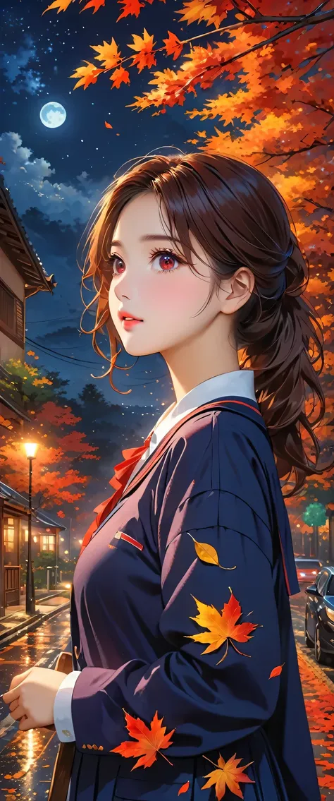 Best Quality、High resolution、Ultra HD、masterpiece、Detailed Background、Realistic、RAW Photos、(Beautiful face in every detail:1.4)、Highly detailed face、Detailed red eyes、Teenage beauty、Perfect body line、In the silence of an autumn night、Fantastic World、Romant...