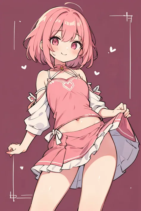 High resolution, masterpiece, Anatomically correct, Best Quality, One girl, smile、Blushing、Short Hair、Large, wide eyes、Smaller breasts、Small breasts、Pink Hair,Choker、Heart symbol、Shooting from behind、back、Simple Background、Chinese dress、Shoulders stick out...