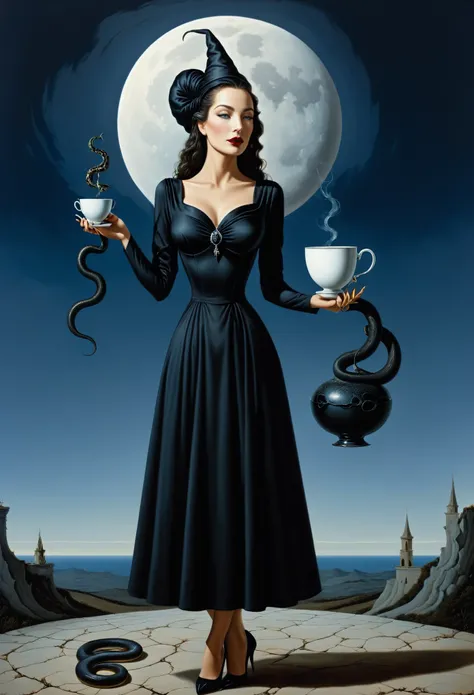 witch holding snakes black dress and a cup, moon, side view - surrealist style, surrealist artwrok, dream like, Salvador Dali style, Rene Magritte style, highly detailed, masterpiece, painting-like, HD