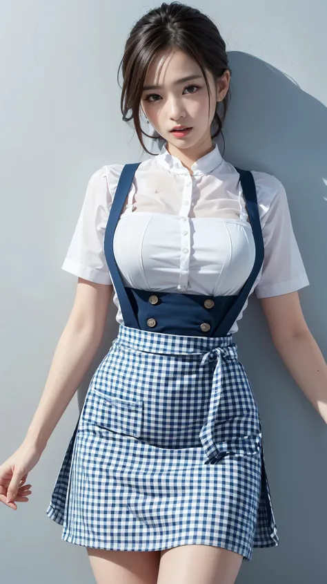 Best Quality, shape, 非常にdetailed, detailed, High resolution, 8K wallpaper, Perfect dynamic composition, 美しいdetailed, ),(Gingham Check Suspender Apron:1.3), (Plain Blue High Waist Skirt:1.3), (Apron over skirt:1.2), (White blouse:1.3), (Double-breasted unde...