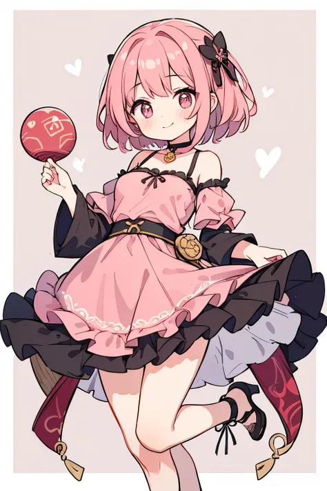 High resolution, masterpiece, Anatomically correct, Best Quality, One girl, smile、Blushing、Short Hair、Large, wide eyes、Smaller breasts、Small breasts、Pink Hair,Choker、Heart symbol、Shooting from behind、back、Simple Background、Chinese dress、Shoulders stick out...