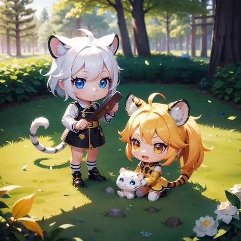 There is a small white Tiger with an acorn in his hand,  Chibi character　The cute one with yellow hair is also there.。Cute white and blue outfit。Dark Eyes。Cute woodland creatures, Adorable digital painting, Cute detailed digital art, the Tiger king, Cute d...