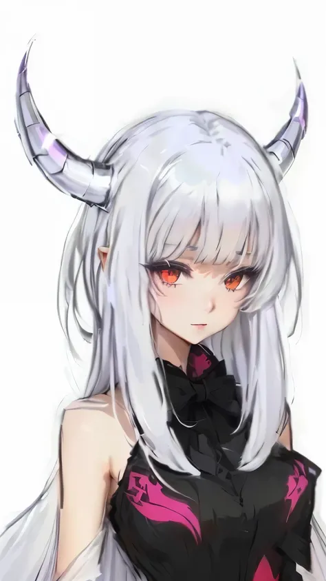 A drawing of a woman with horns and a black dress., neferpitou, mika kurai demon, demon anime girl, Nyaruko-san, Gampmoe Yandere Grimdark, demon girl, Gampmoe Yandere, portrait Gampmoe Yandere Grimdark, Portrait of a female demon, Demon Giesha, anime monst...