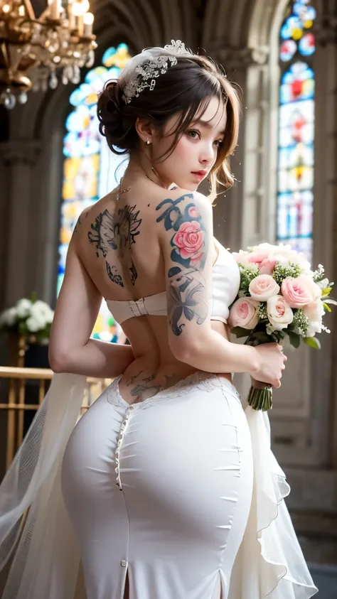 (ultra high definition, High quality,8k, masterpiece: 1.3), 1 Korean woman, alone, Short hair, (white wedding dress), Chiffon wedding dress, bridal veil, At the 39; inside the cathedral, Lets see one back, Back tattoo, colorful tattoos, (different color ta...