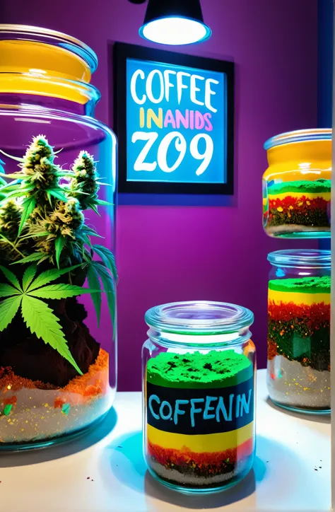 a crystal clear scene,  In, fondant, inside a room filled with glass jars full of colorful cannabis flowers with writing " coffeevenin79 " 