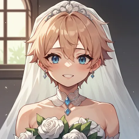 a tomboy college student female with short strawberry blonde hair and blue eyes is in a wedding dress. she is at the wedding altar. she has smaller boobs.