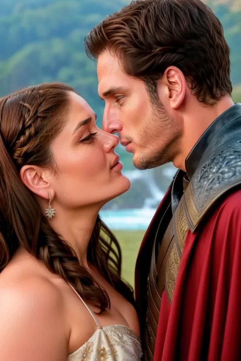 A Hollywood movie poster with Kareena Kapoor and Henry Cavill. game of thrones .iron throne. Theyre smiling and ready to kissing , kareena is in half naked. Only two persons in the poster. Closeup faces