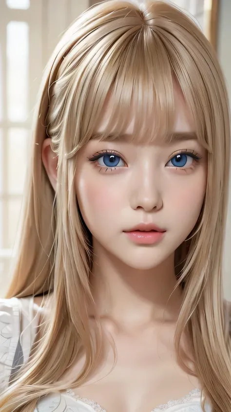 Best Quality、masterpiece、(Realistic:1.4)、One very beautiful blonde girl、Dazzlingly long blonde hair、Beautiful bangs、、Very beautiful, large, shining, extremely bright light blue eyes、front、Very cute baby face with detailed face、Beautiful very light eyes、Sma...