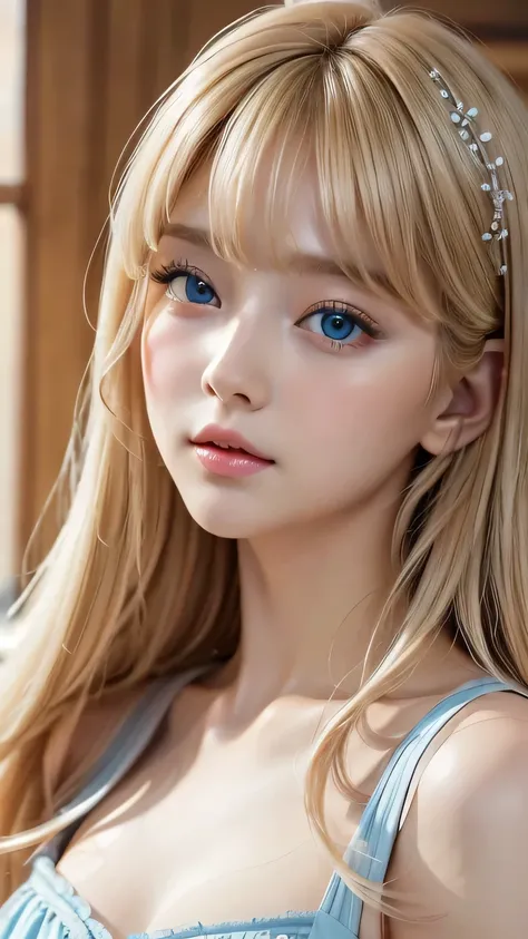 best quality、masterpiece、(realistic:1.4)、one very beautiful blonde girl、dazzlingly long blonde hair、beautiful bangs、、very beauti...