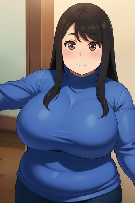 2 chubby big boobs black hair brown eyes chubby happy long hair blushing smile deredere sweater