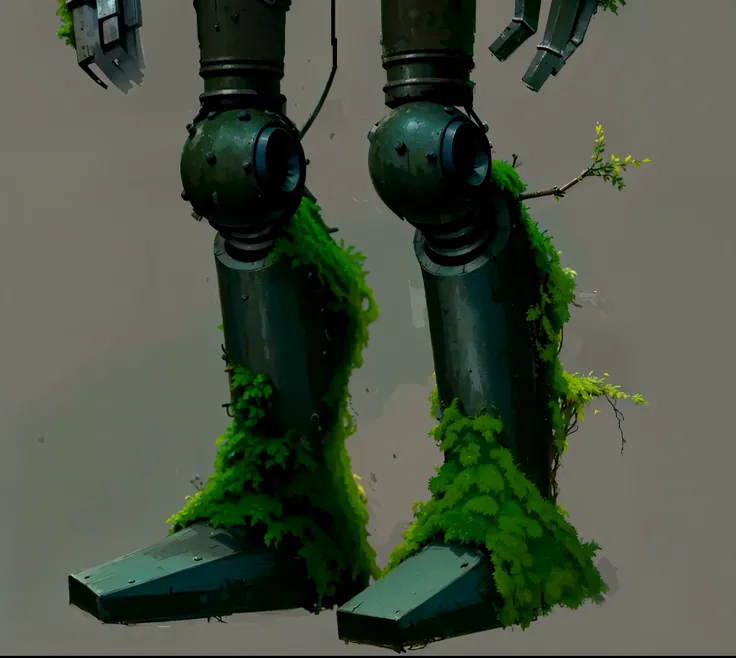 robot covered in moss and greenery, rusty, rust, with wooden legs 