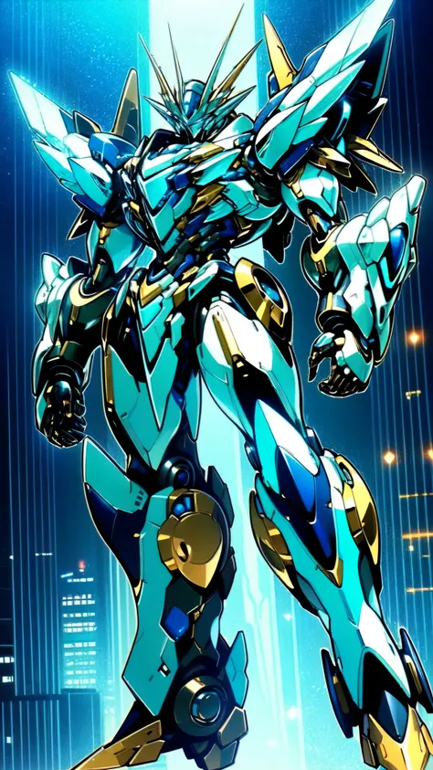 (masterpiece:1.5, best quality:1.5, extremely delicate:1.5), (male:1.5), humanoid Mecha, fully enclosed shoulder guards, matching arm and leg guards, full body, full armor, the design balances heavy with agility, (the color scheme is primarily Blue with Re...