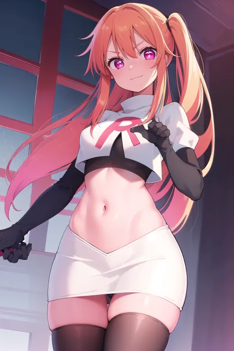 rubyhoshino, ruby hoshino, long hair, bangs, blonde hair, (pink eyes:1.3), sidelocks, (symbol-shaped pupils:1.5), multicolored hair, two-tone hair, smile,
BREAK side ponytail, team rocket,team rocket uniform,white skirt,red letter R,crop top,black thigh-hi...