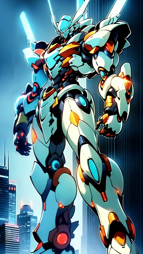 (masterpiece:1.5, best quality:1.5, extremely delicate:1.5), (male:1.5), humanoid Mecha, fully enclosed shoulder guards, matching arm and leg guards, full body, full armor, the design balances heavy with agility, (the color scheme is primarily Blue with Re...