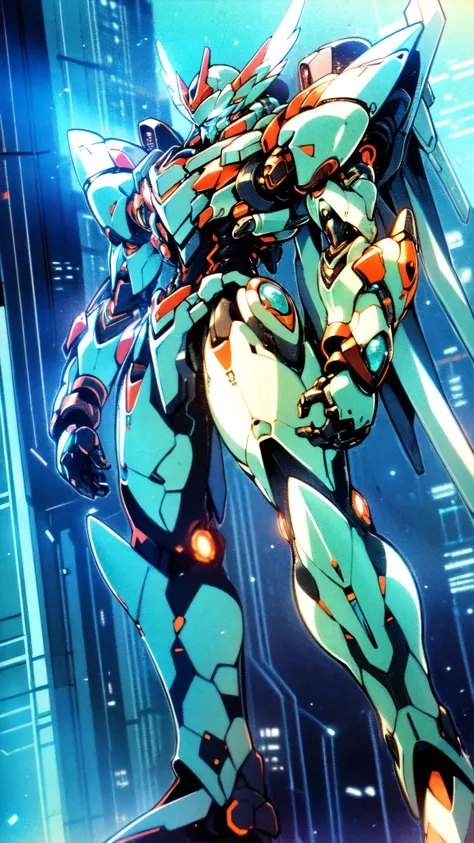 (masterpiece:1.5, best quality:1.5, extremely delicate:1.5), (male:1.5), humanoid Mecha, fully enclosed shoulder guards, matching arm and leg guards, full body, full armor, the design balances heavy with agility, (the color scheme is primarily Blue with Re...