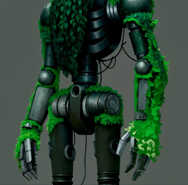 robot covered in moss and greenery, rusty, rust, with wooden legs 