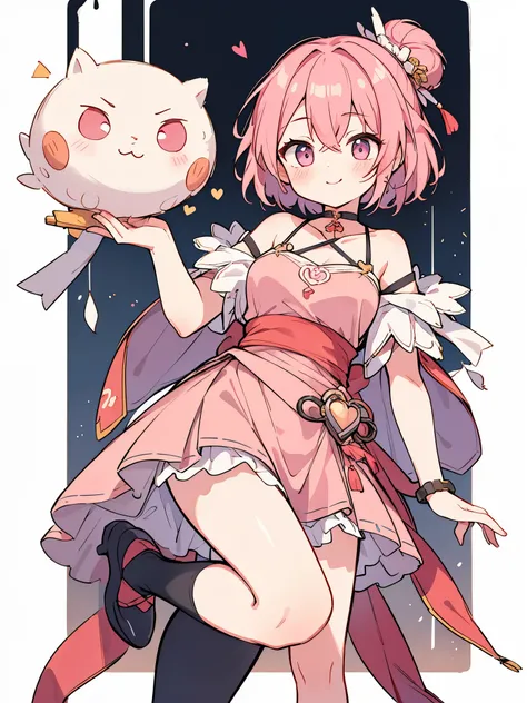 High resolution, masterpiece, Anatomically correct, Best Quality, One girl, smile、Blushing、Short Hair、Large, wide eyes、Smaller breasts、Small breasts、Pink Hair,Choker、Heart symbol、Shooting from behind、back、Simple Background、Chinese dress、Shoulders stick out...