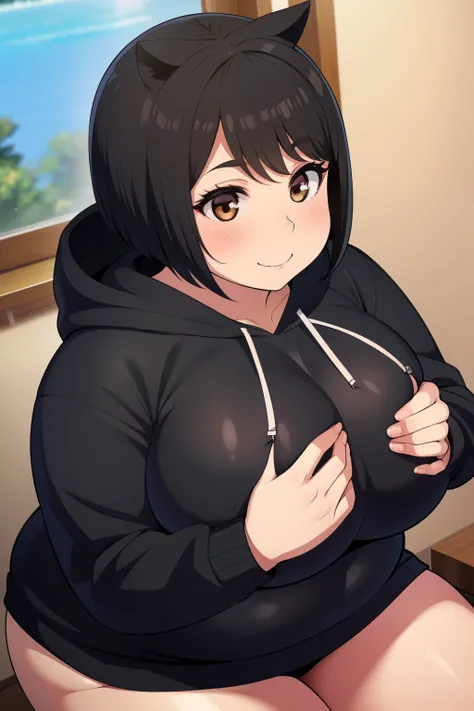 Chubby 2 big boobs black hair brown eyes happy very short hair smile blushing deredere black hoodie pig ear