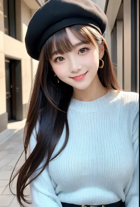 masterpiece、Highest quality、whole body、One Girl、bangs、Japanese、Black Long Hair、Beret、check pattern、smile、alone、Stylish woman、pastel colored outfits、front、Luxury background elements、Confident expression、Modern and trendy、Fashion focus