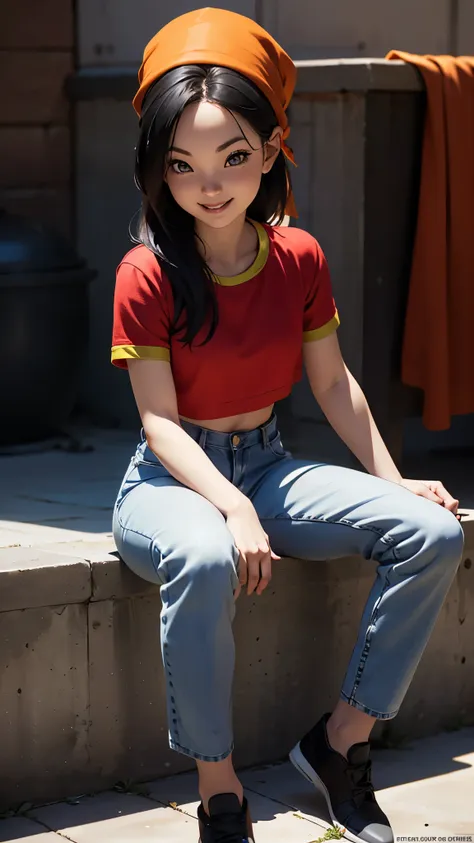 pan, 1 , alone, smile, red shirt, jeans, bandana, black hair, sitting,, (acclaimed, seductive, captivating, exciting, beautiful,...