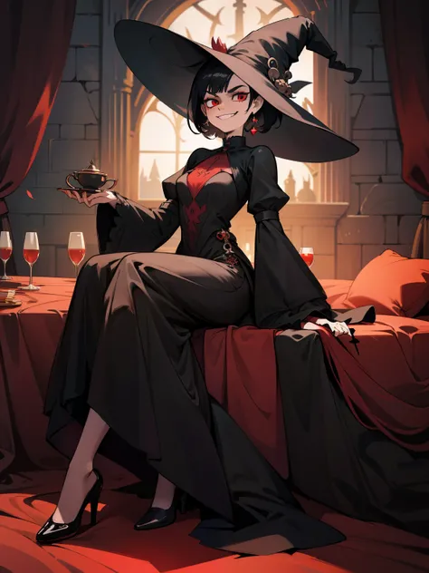 female, short black hair, witch, red eyes, earrings, smug smile, long black dress, gothic dress, sleeves, witch hat, heels, background, mansion, setting, tea party, 