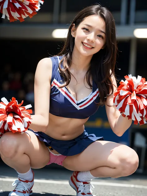 (Top quality、Excellent detail、Extremely detailed depiction、Perfect Anatomy、Perfect Style、Original photo、Delicate skin、Ultra-high resolution、Photorealistic:1.3)、Cute woman、Cute smile、A big smile、A seductive smile、(Baby Face、Droopy eyes、Cheerleader Costumes、...